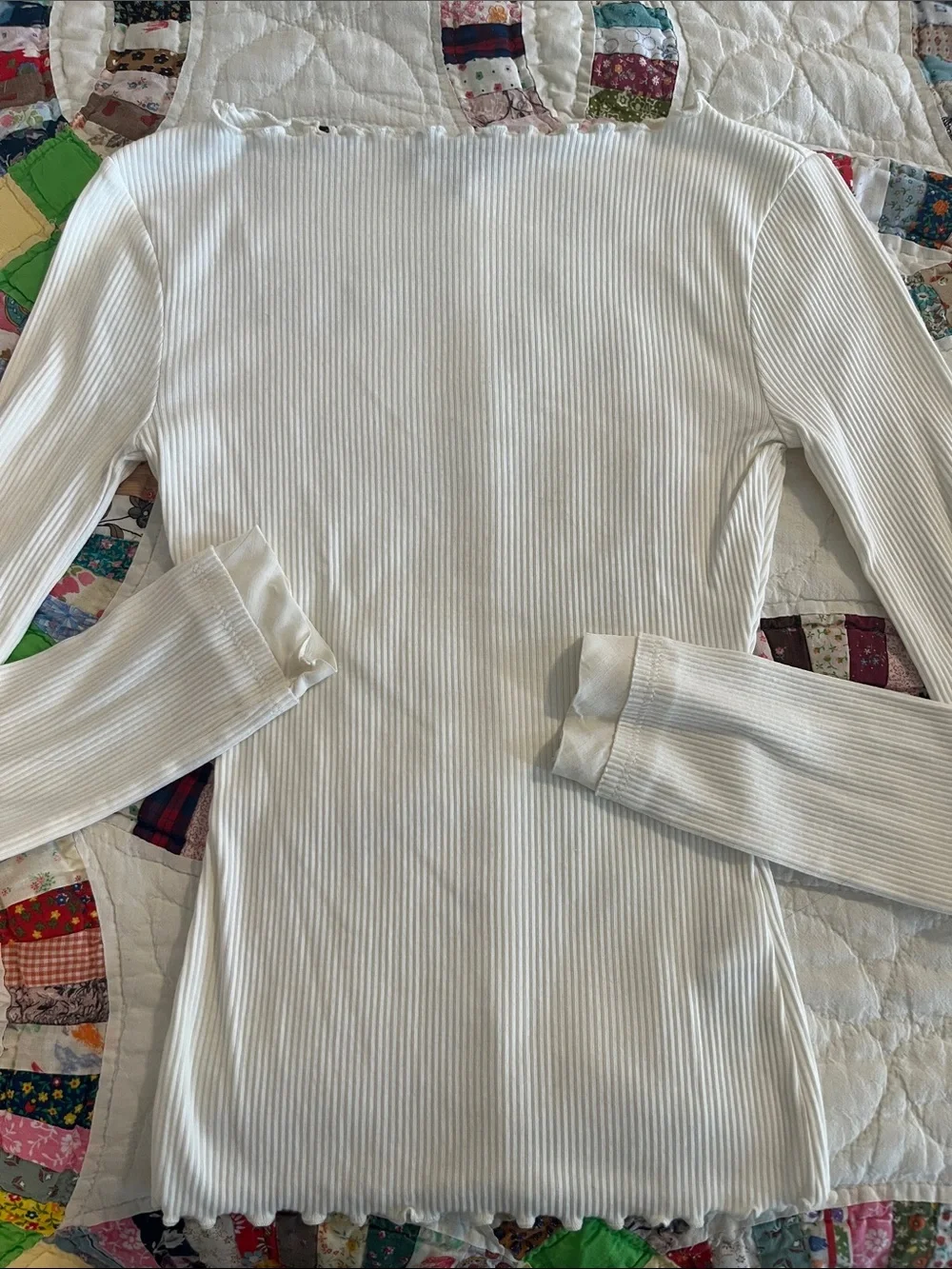 J.Crew Women's White Ribbed Long-Sleeve Top Coquette Ruffled girlhoodcore xs